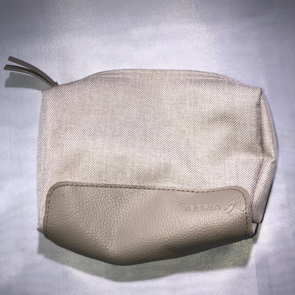 Iberia Airlines Travel Amenity Pouch Beige Canvas Tan Faux Leather Mosaic Lining